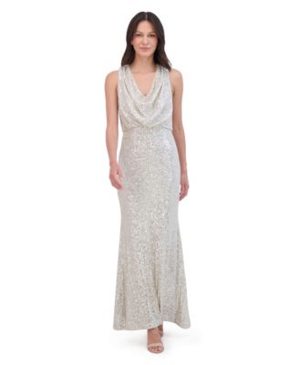 Petite Sleeveless Cowl Neck Sequin Long Gown