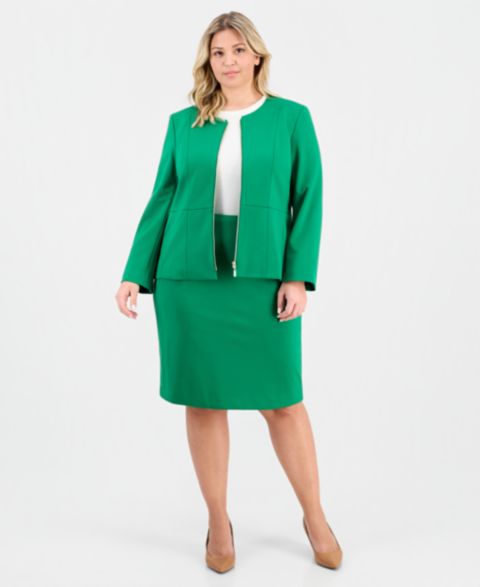 Женский комплект Le Suit Plus Size Zip-Front Ponte Jacket & Slim-Fit 2 Piece Skirt Suit, цвет: Зелёный