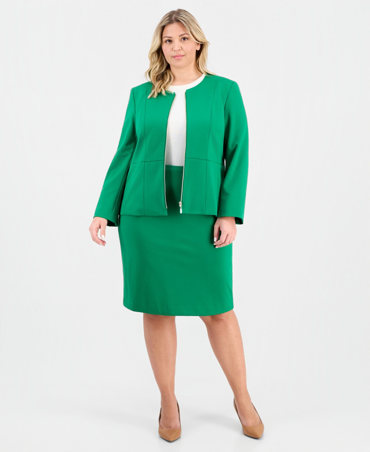 Plus Size Zip-Front Ponte Jacket & Slim-Fit 2 Piece Skirt Suit