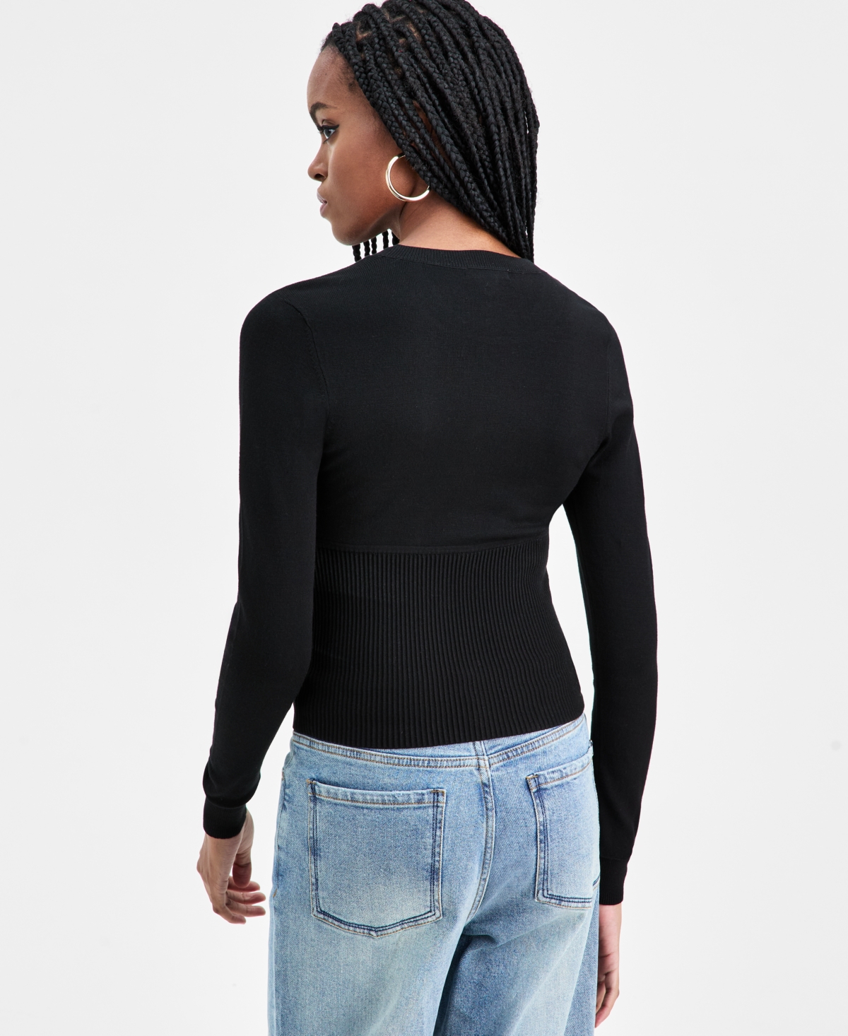 Bar Iii Women's Corset-inspired Long-sleeve Sweater, Macy's Exclusive In Black
