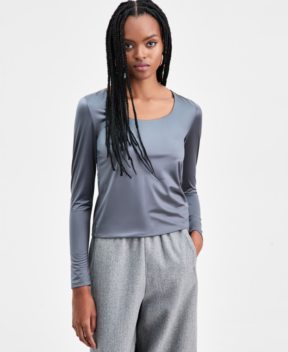 Bar Iii Women's Shine Scoop-neck Top, Macy's Exclusive In Gray