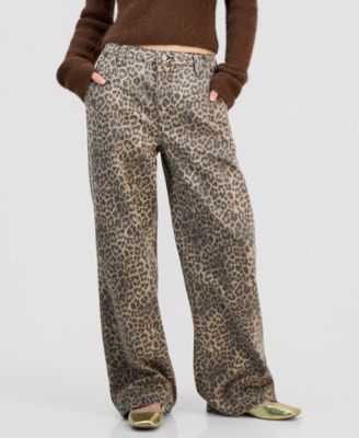 Juniors' Leopard-Print Wide-Leg Jeans 