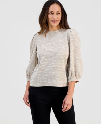 Petite 3/4-Balloon-Sleeve Boucl&eacute; Top