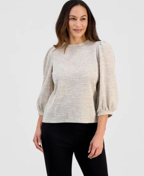 AK Anne Klein Petite 3/4-Balloon-Sleeve Boucl&eacute; Top - Latte/white