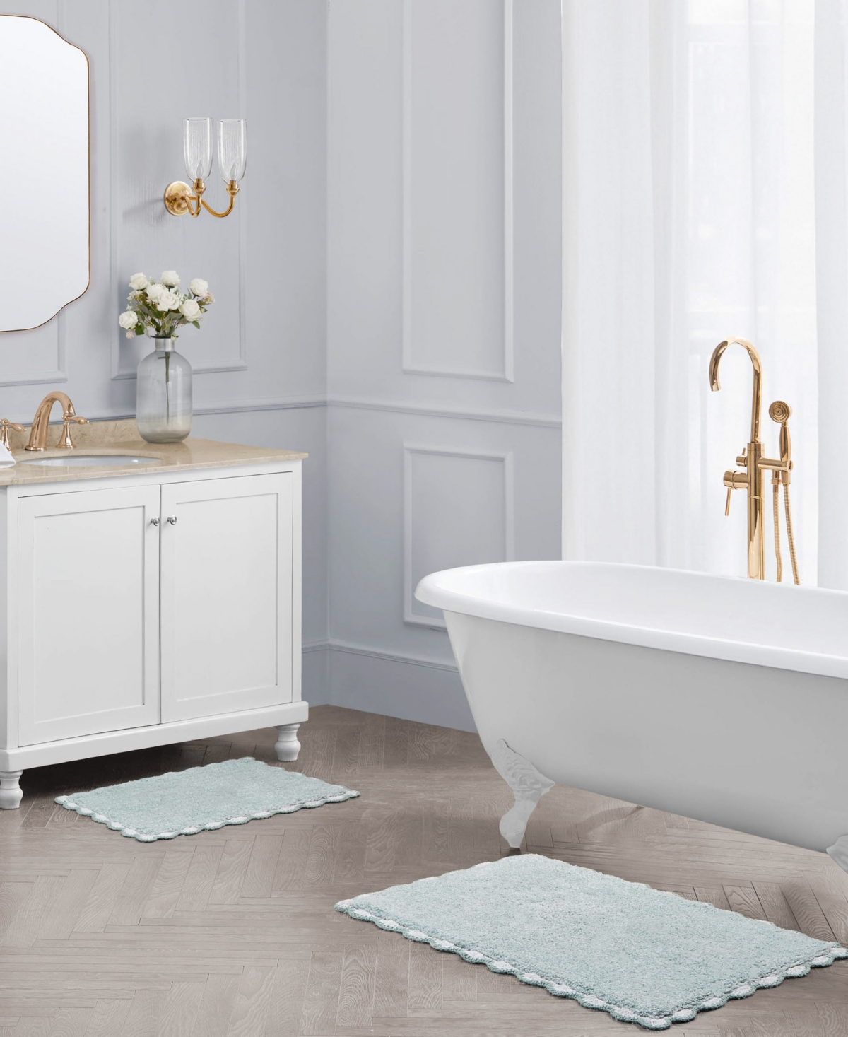 Laura Ashley Heathered Crochet Border Cotton Bath Rug Set In Blue