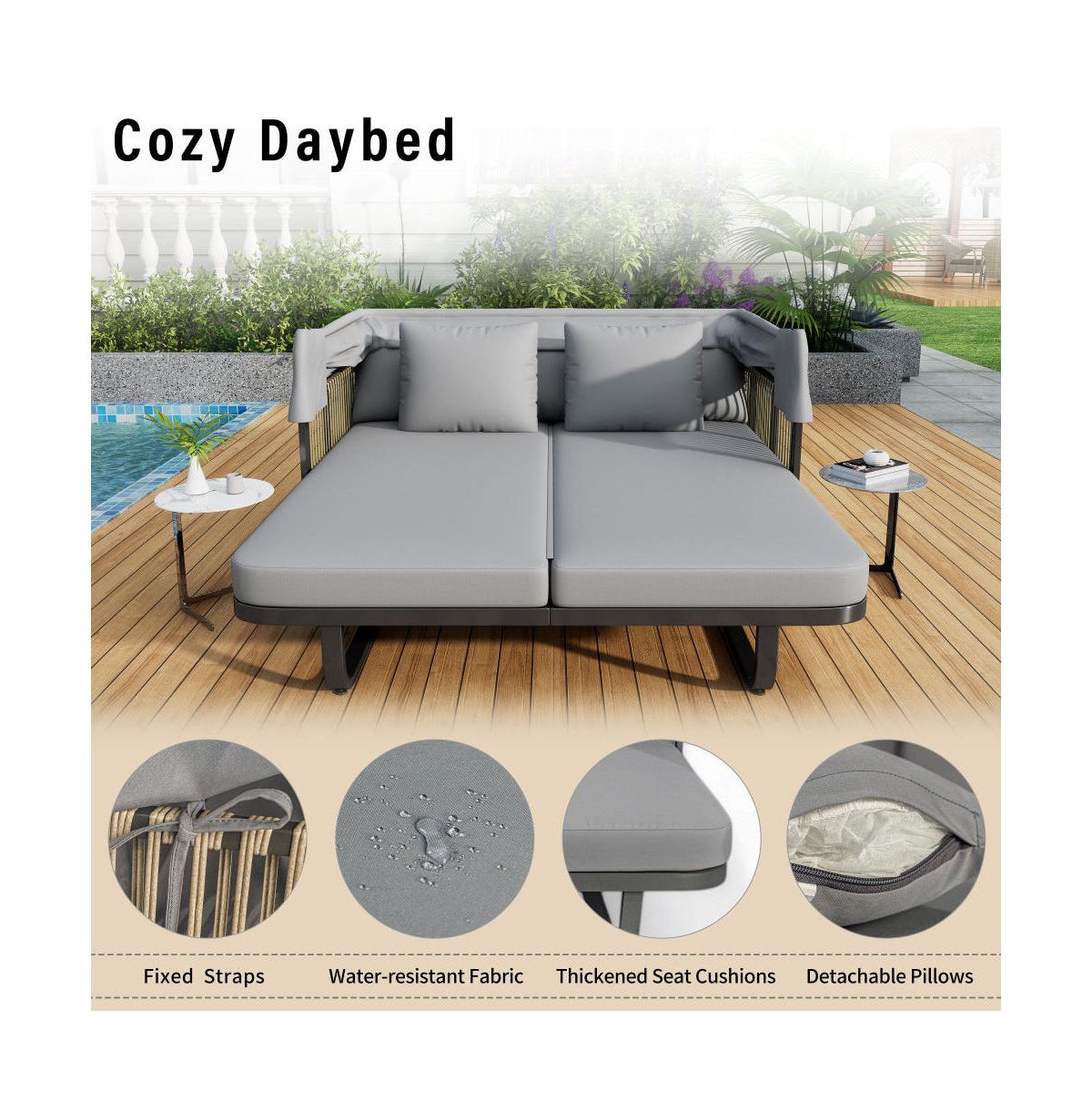 Chic Crate-57" Outdoor Rattan Daybed - Patio Furniture with Detachable Cushions for Backyard & Poolside (Modern Design, Grey)