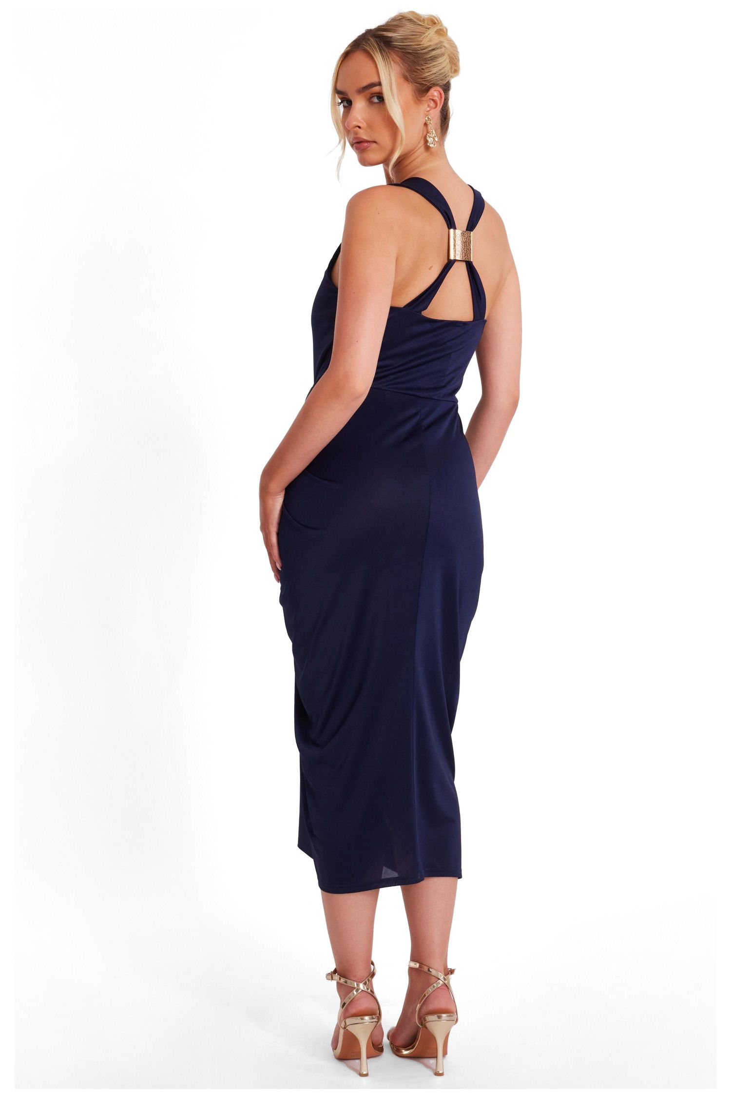 Women's Cowl Neck Ruched Hardware Midi Dress