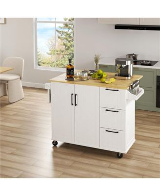 49×29.5×36 inches Kitchen Cart with Wood Top and Drop Leaf Breakfast Bar White
