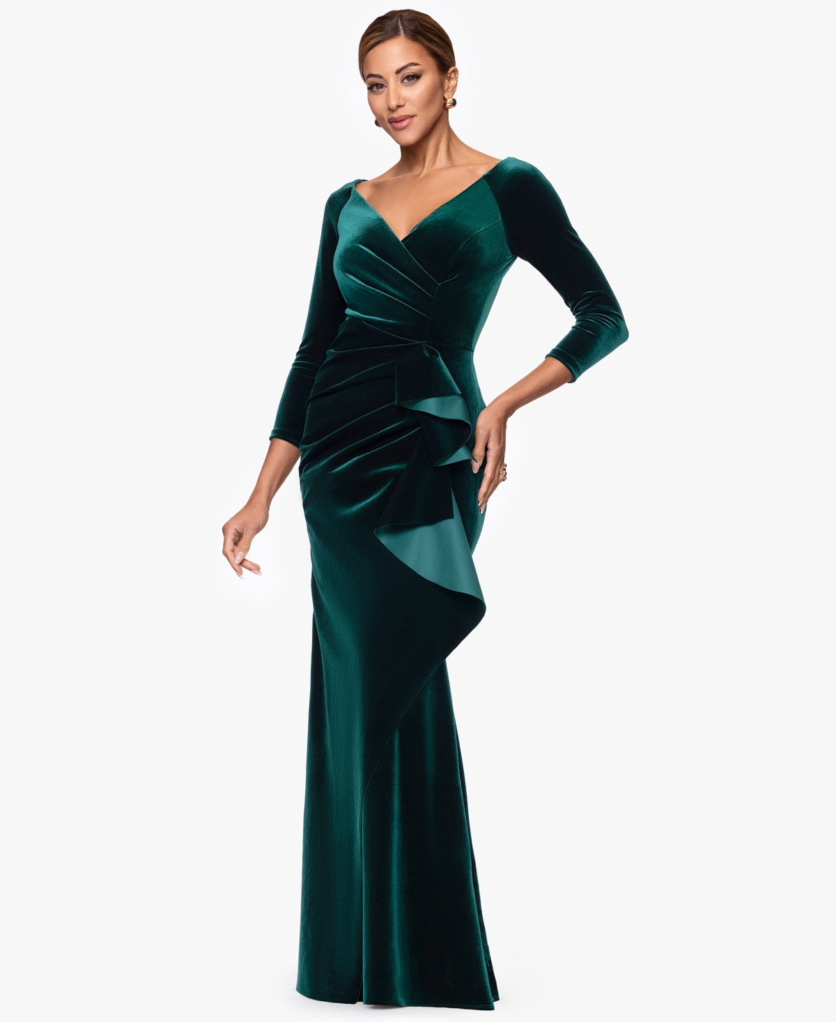 Xscape Women's V-neck Ruffle-front Long-sleeve Gown In Green