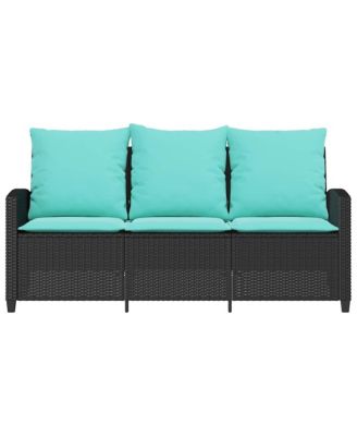 Patio Sofa 3-Seater with Cushions&Table Black Poly Rattan
