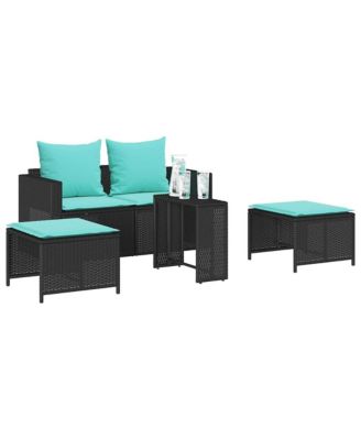 5 Piece Patio Sofa Set with Cushions Stackable Black Poly Rattan