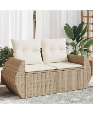 Garden Sofa Beige Poly Rattan, Powder-Coated Steel, Polyester
