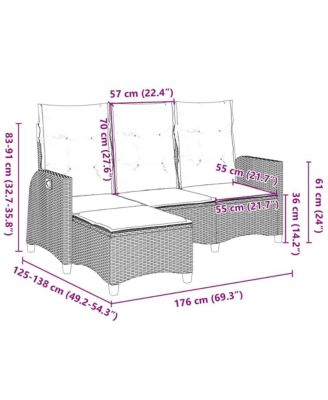 Reclining Garden Sofa Grey PE Rattan, Powder-Coated Steel 3-Seater