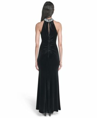 Women's Velvet Embellished Halter Neck Gown