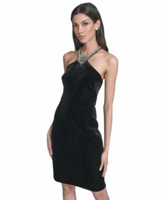 Women's Velvet Sleeveless Halter Neck Cocktail Dress