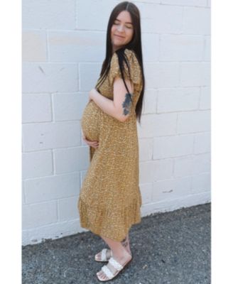 Maternity Mustard Floral Smocked Maxi Dress