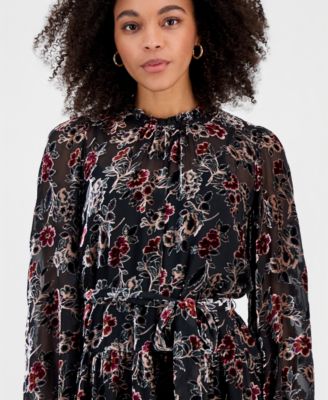 Women's Floral Tie-Waist Long-Sleeve Mini Dress