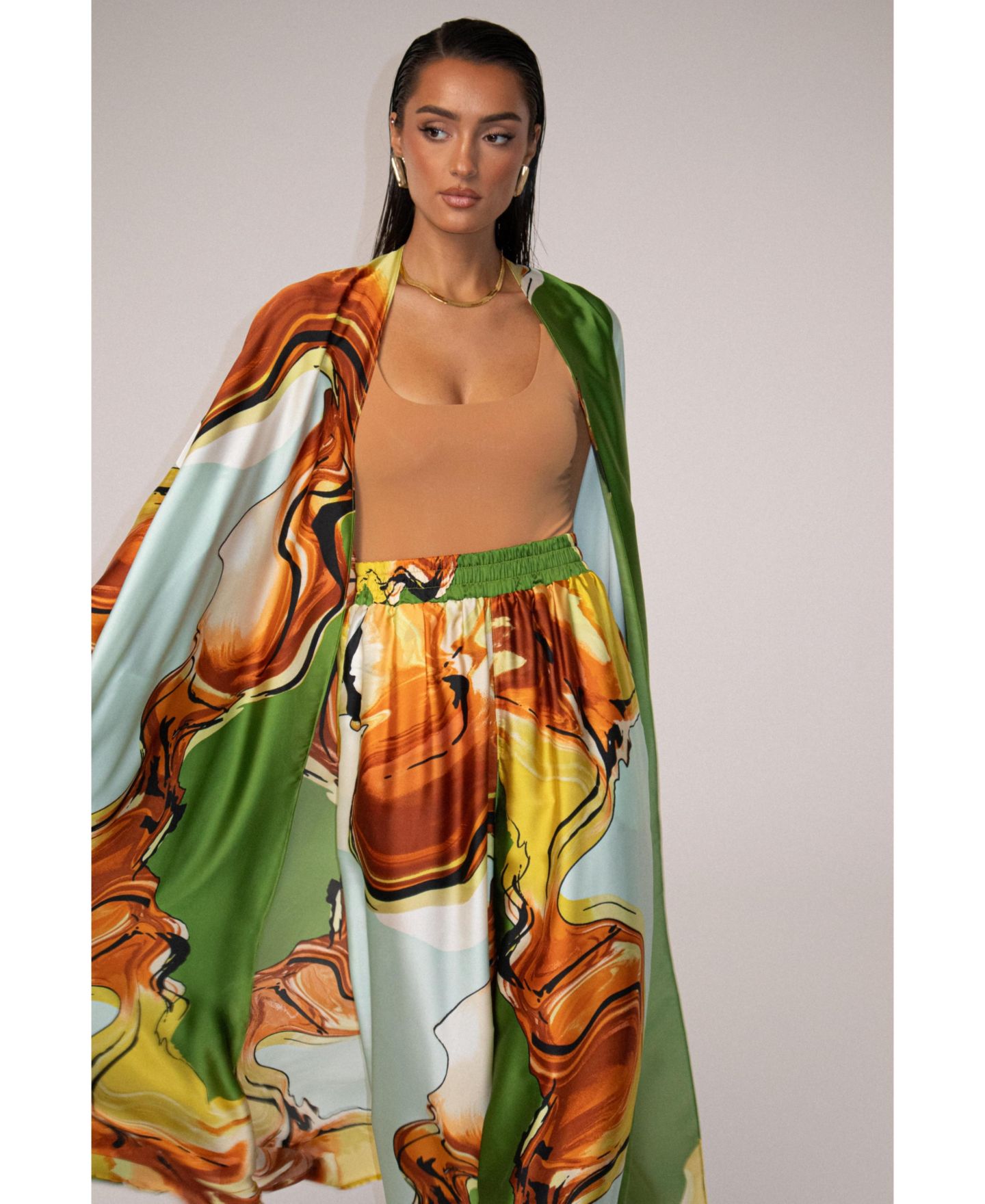Женские куртки JLUXLABEL Nola Maxi Duster, цвет: Зелёный с принтом — фото 6