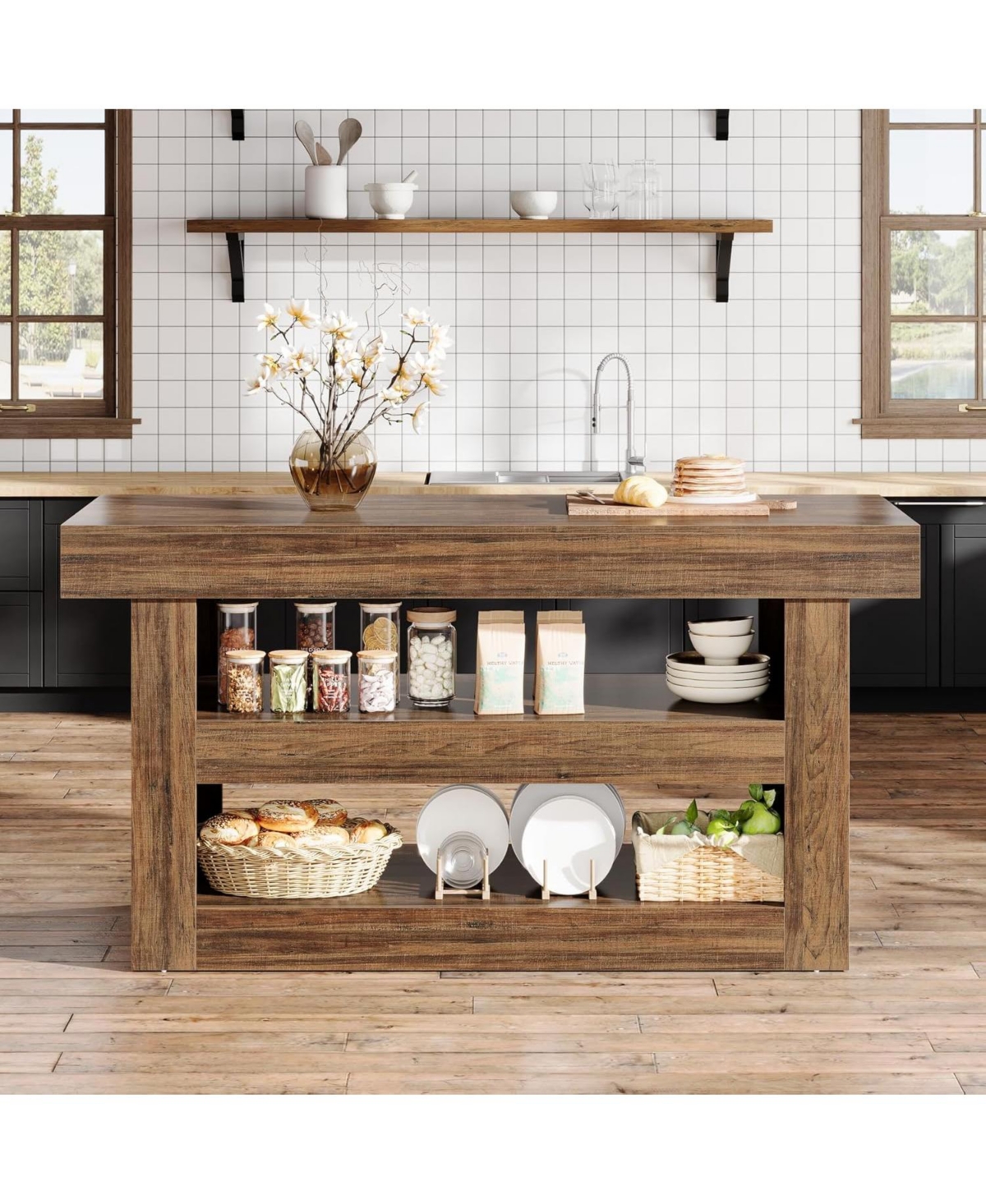 Tribesigns 55-Inch Kitchen Island with Storage, Farmhouse 3-Tier Stationary Island Table