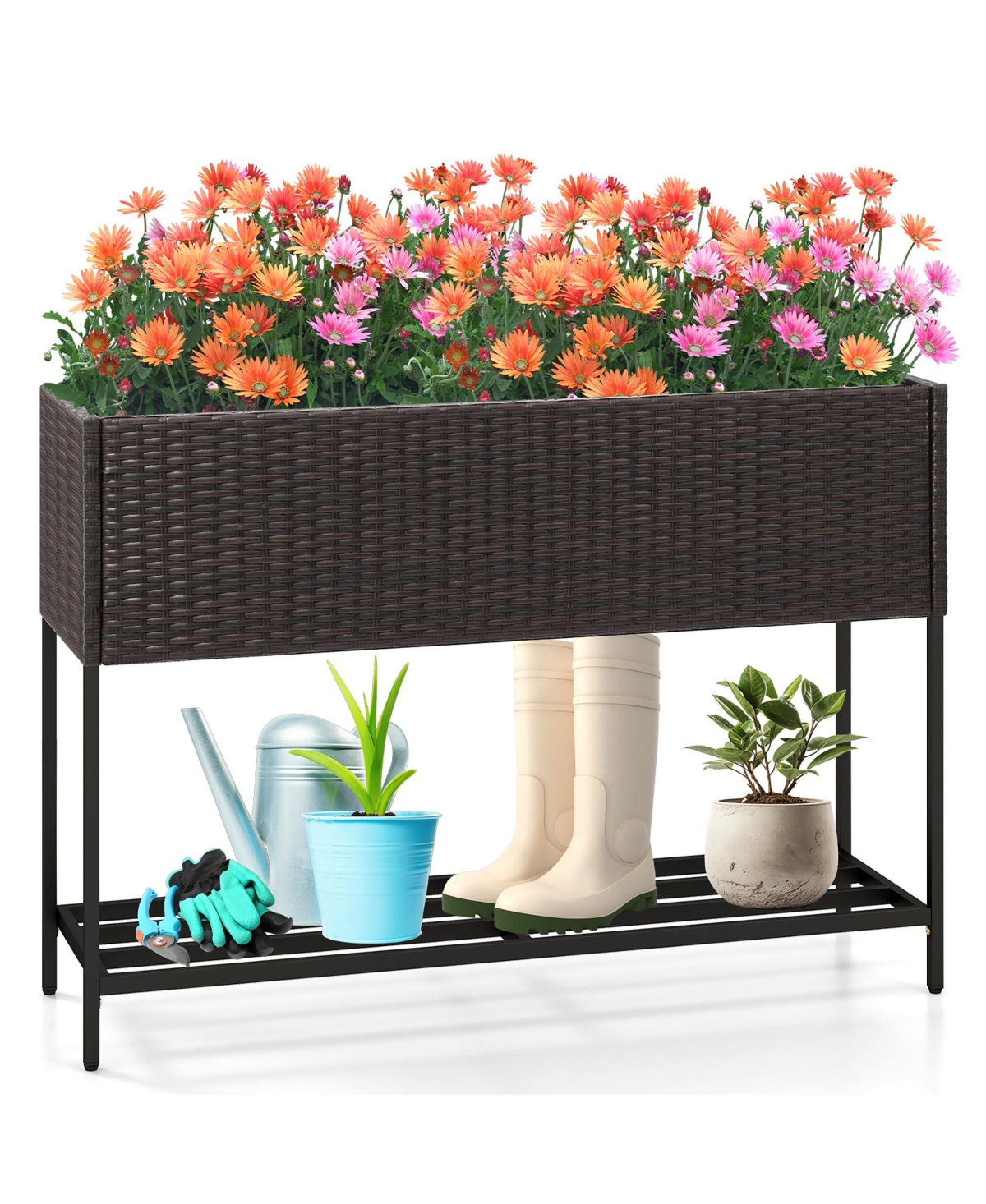 Gymax Elevated Planter Box Raised Garden Bed w/ Rattan Surface Bottom Storage Shelf & Removable Liner