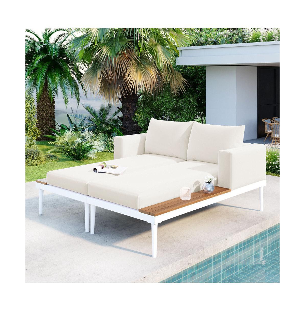 Chic Crate - Beige 2 in 1 Padded Chaise Lounges for Deck Balcony - Modern Outdoor Daybed with Wood Topped Side Spaces