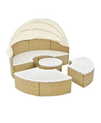 - Rattan Daybed Outdoor Sectional Sofa Set - Retractable Canopy - Beige