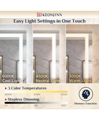 Inch LED Bathroom Vanity Mirror Tempered Glass Front & Backlit Dimmable 3 Color Lighted Mirror Anti-fog Memory Function Frameless