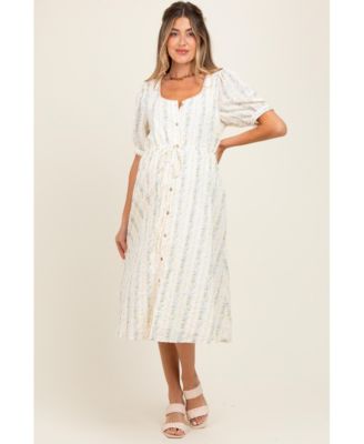 Maternity Light Blue Swiss Dot Floral Print Button Down Midi Dress