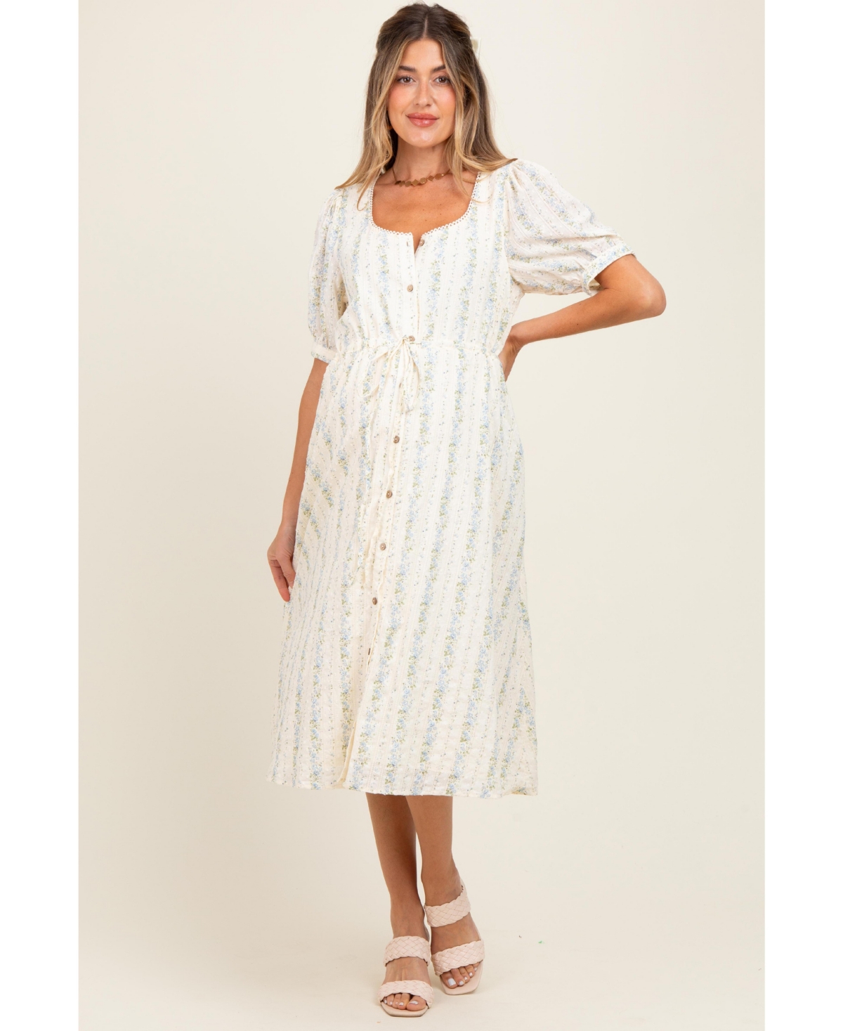 Pinkblush Maternity Light Blue Swiss Dot Floral Print Button Down Midi Dress