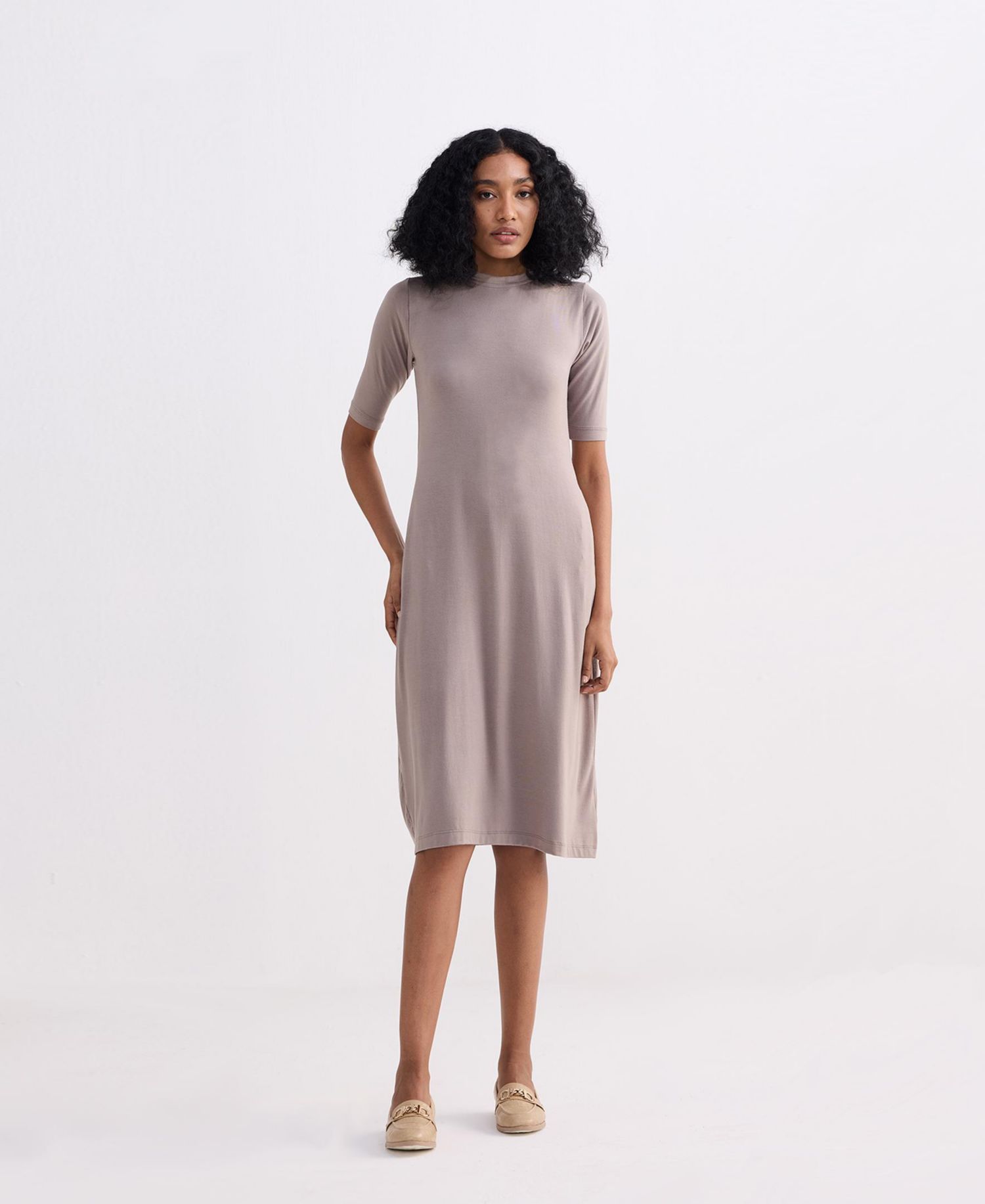 Women's High Crew Neck Elbow Sleeves Fitted Dress in Dusty Brown