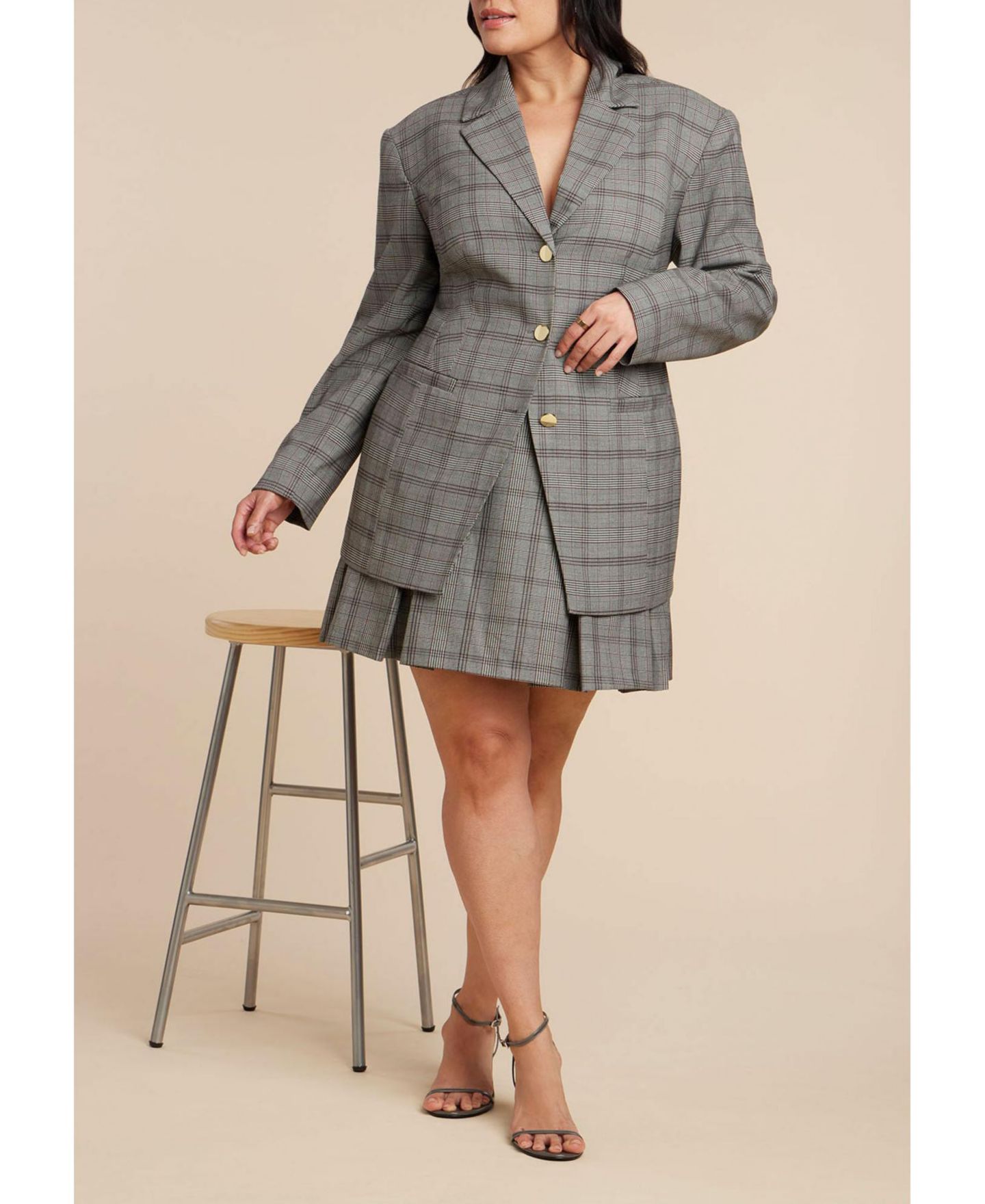 Женский пиджак ELOQUII Nipped Waist Blazer with Back Adjuster, цвет: Серый клетчатый — фото 3
