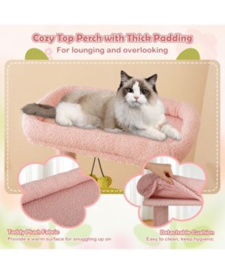 58'' Plush Cat Tree Floral Climbing Tree Multi-level Cat Tower w/ Round Basket