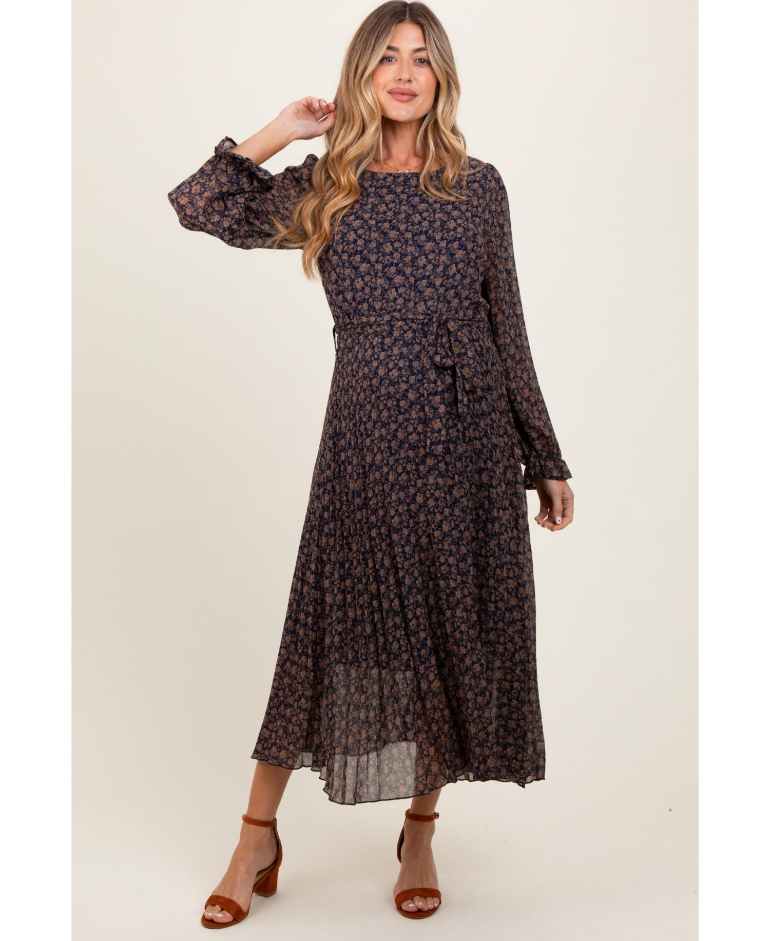 Women's Navy Blue Floral Front Tie Pleated Midi Dress