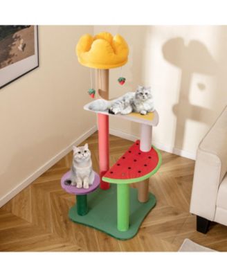 45'' Tall Cat Tree w/ Plush Padded Top Perch Fruit-Shaped Platforms Dangling Balls