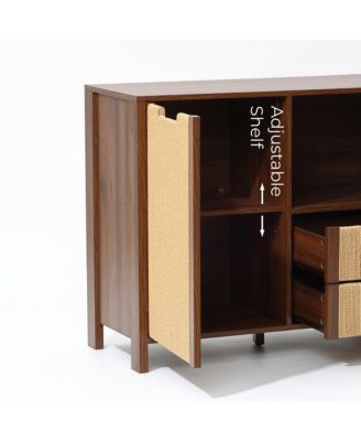 Walnut Finish Storage Cabinet with Rope Drawer Front, 1 Door, 2 Drawers, MDF Wood