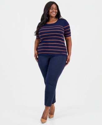 Plus Size Striped Short-Sleeve Crewneck Sweater
