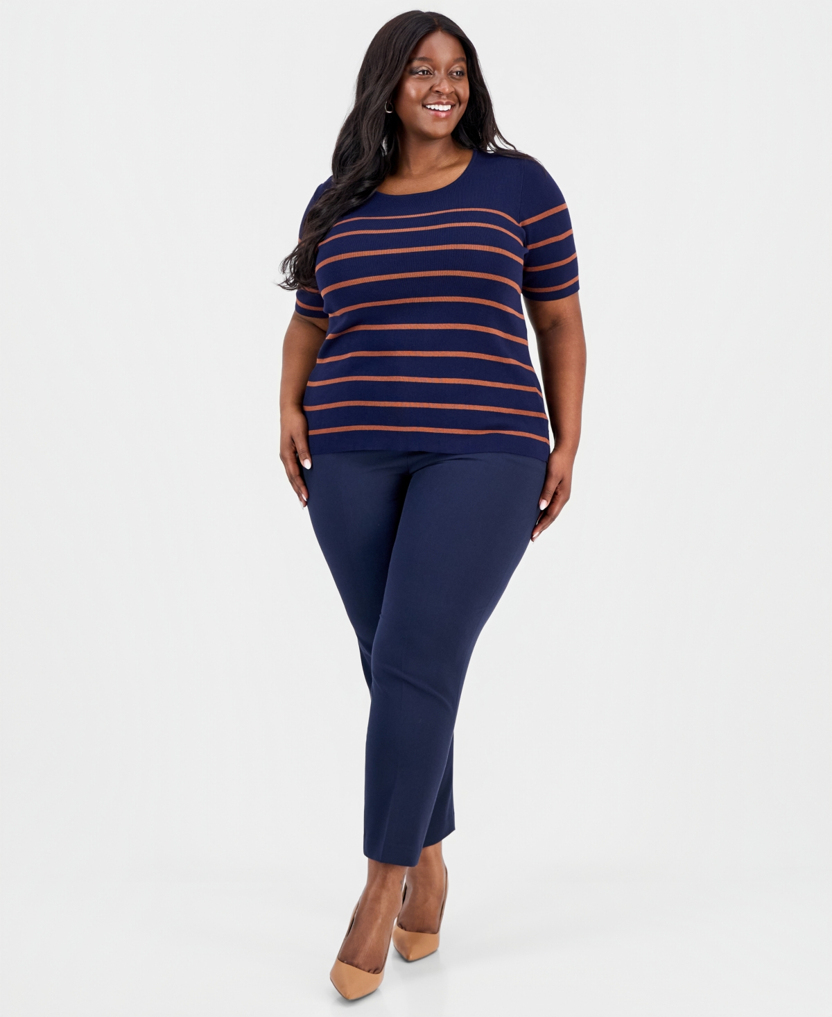 Tahari Asl Plus Size Striped Short-sleeve Crewneck Sweater In Blue
