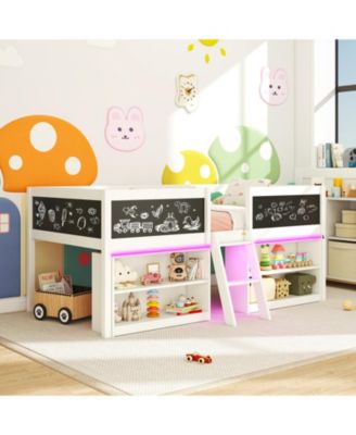 Low Loft Bed Twin Size Wooden Bed Frame Kid's Cabin Bed w/ Bookcases