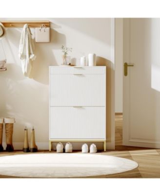 Fluted shoe cabinet with 2 flip drawers, 1 drawer, and a hook. Modern farmhouse style with metal legs. Perfect for narrow entryways,White