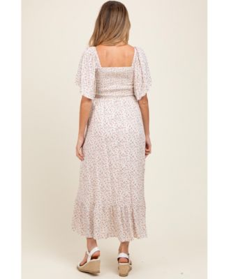 Cream Multi Ditsy Floral Smocked Maternity Midi Dress