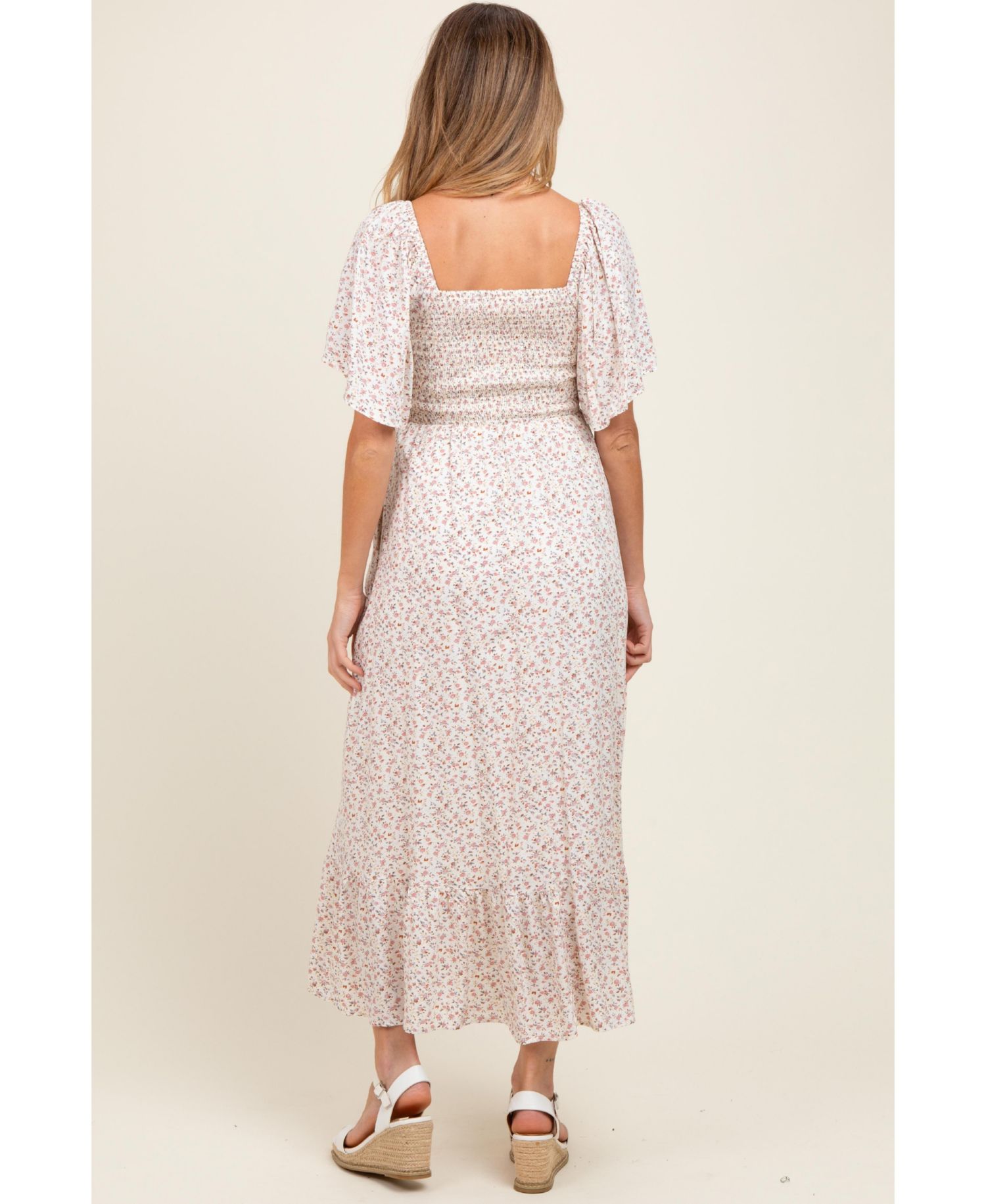 Women's Cream Multi Ditsy Floral Smocked Midi Dress