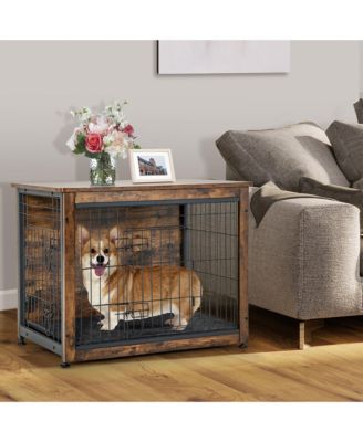Wooden Dog Crate Furniture with Pad Bed Double Doors Dog Kennel End Table