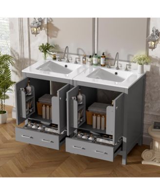 48" Rubberwood & MDF Divided Drawer Storage, Bathroom Vanity with Integrated Undermount Ceramic Sink