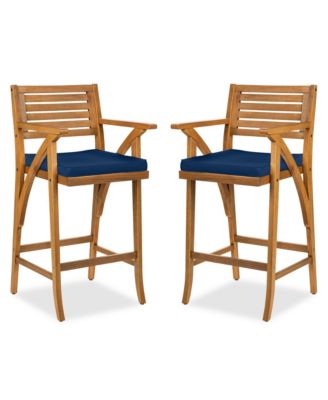 Set of 2 Outdoor Acacia Wood Bar Stools Bar Chairs with Weather-Resistant Cushions