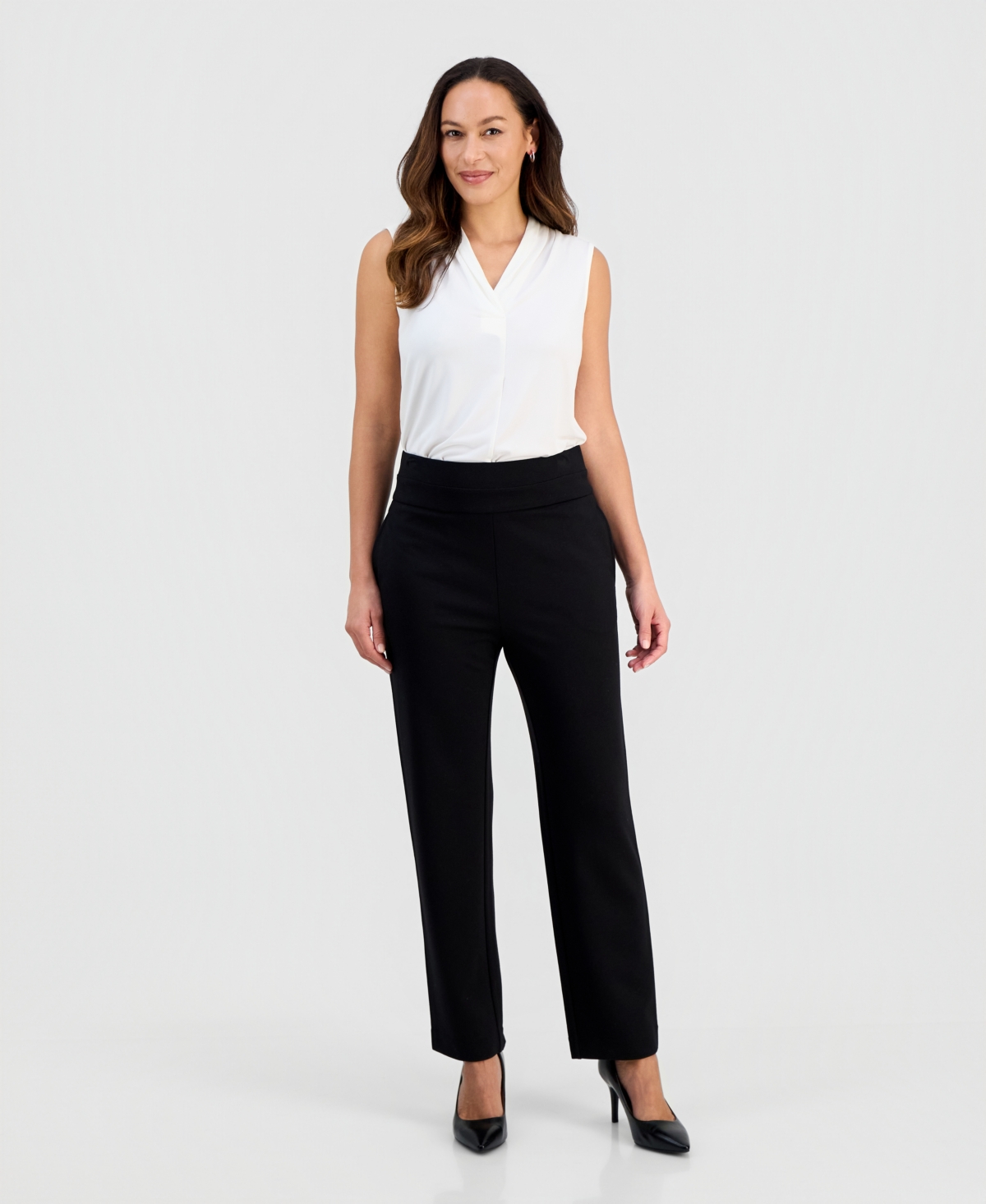 Jones New York Petite High-rise Pull-on Straight-leg Pants In Black