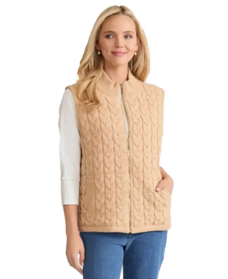 Petite Cable Knit Zip-Up Puffer Vest - Cafe Au Lait