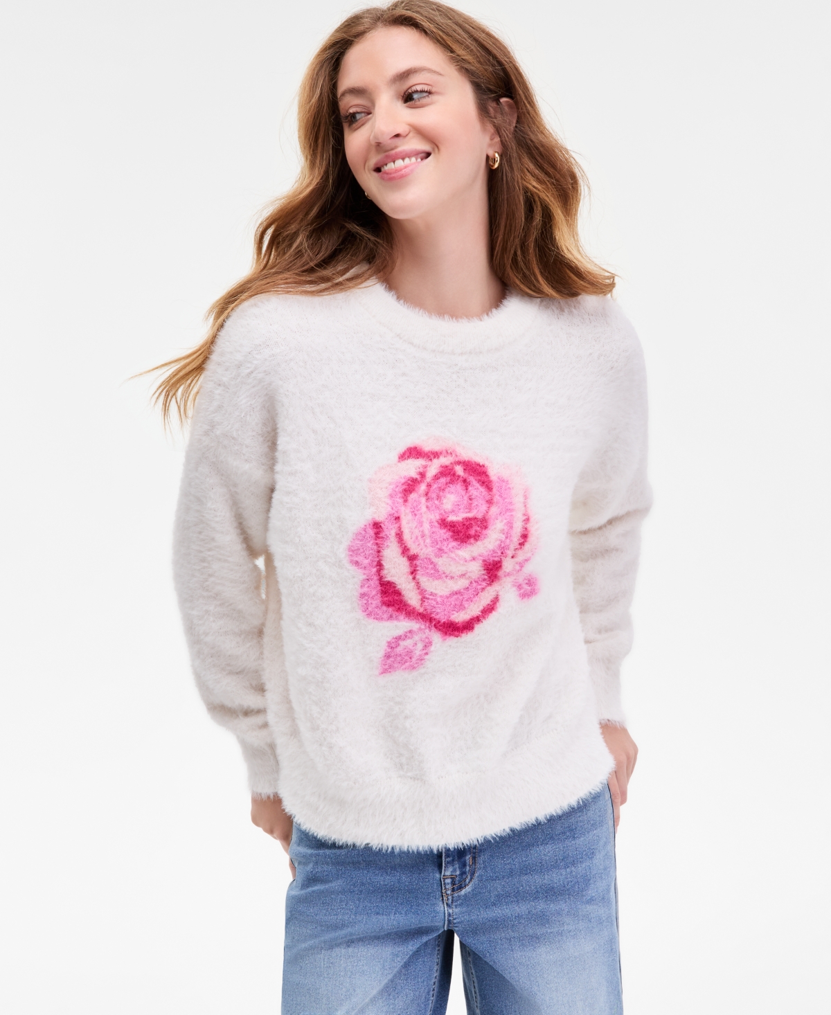 Hooked Up By Iot Juniors' Rose-print Eyelash-texture Sweater In White