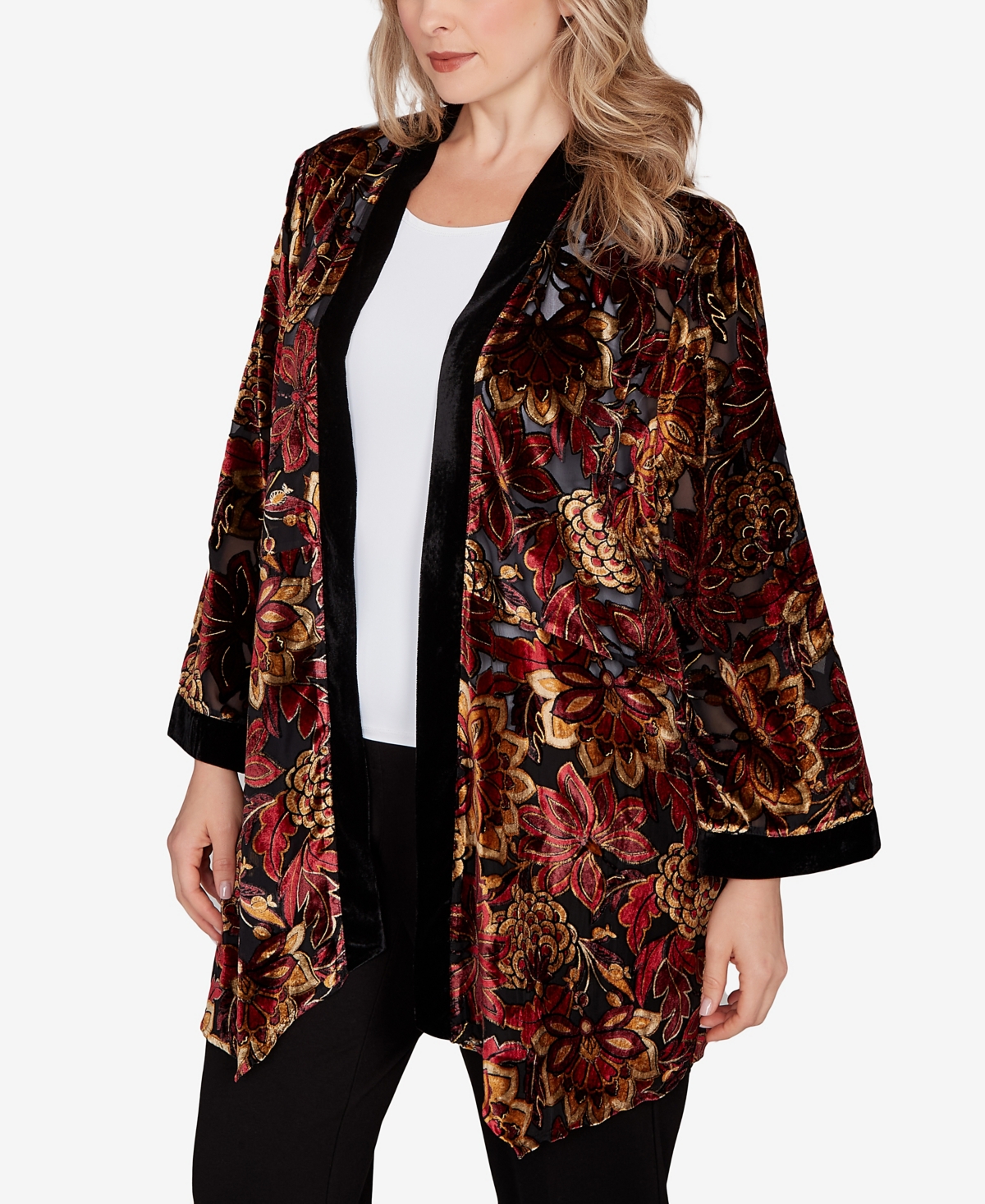 Ruby Rd. Plus Size Printed Velvet Burnout Open Cardigan Jacket In Multi