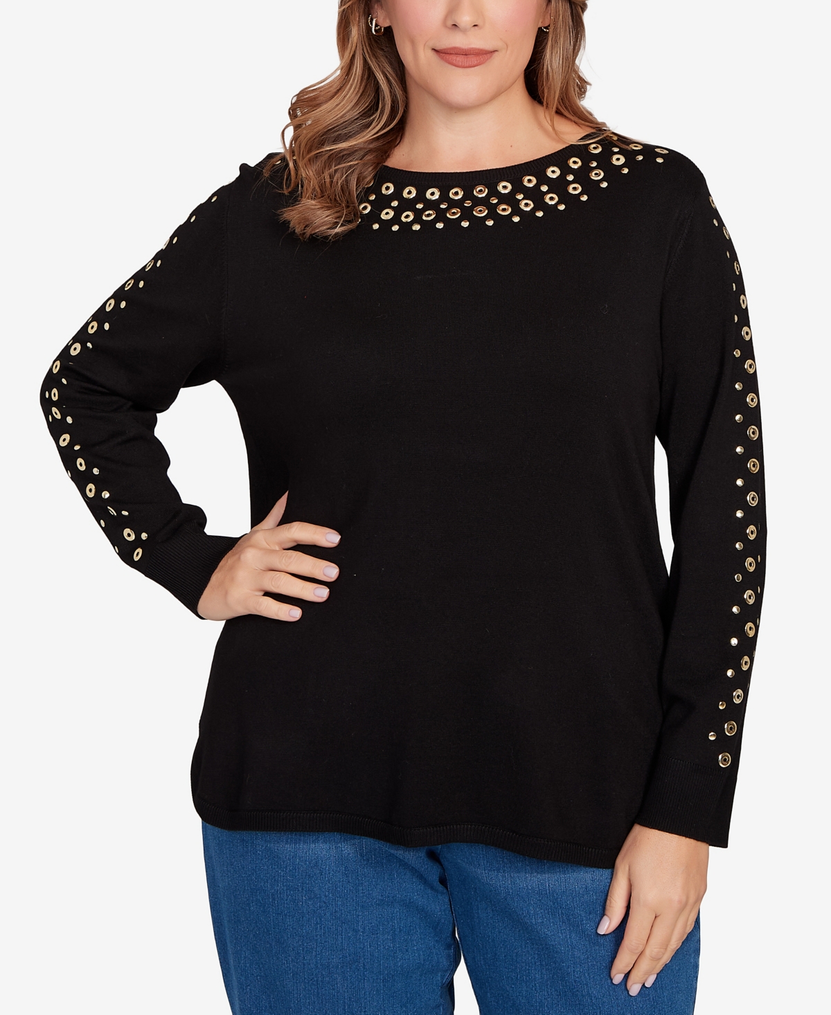 Ruby Rd. Plus Size Grommet Embellished Fine Gauge Sweater In Black