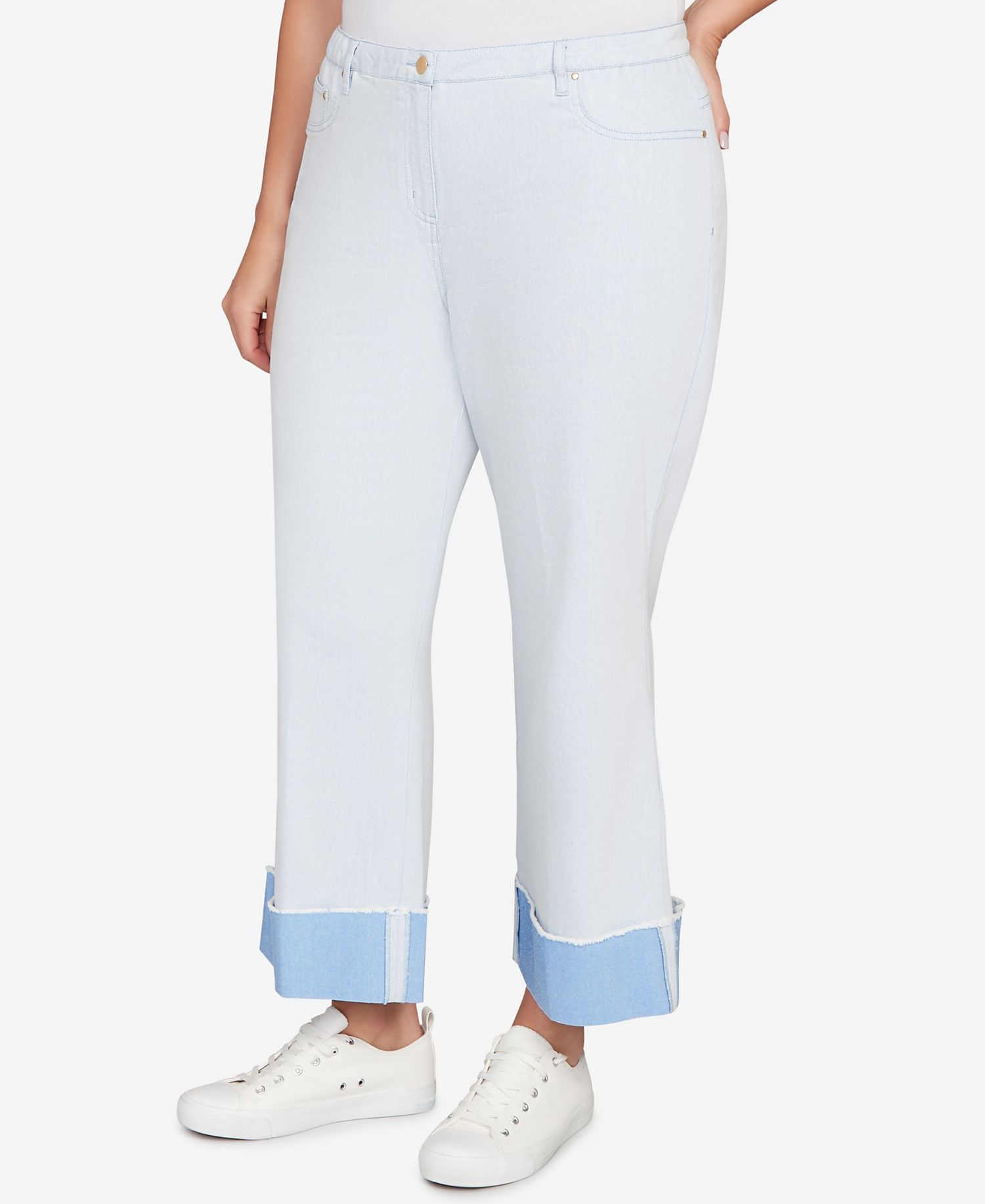 Plus Size Cuffed Pull-On Faux Fly Pants
